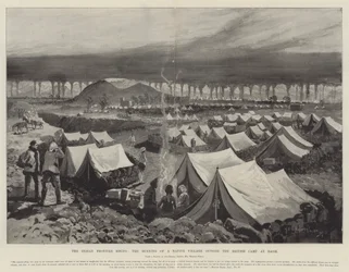 El Levantamiento de la Frontera India, la Quema de una Aldea Nativa fuera del Campamento Británico en Bagh